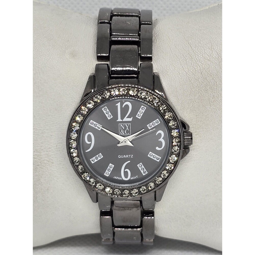 Women's NY&C Round Black Metal Studded Dial Black Link Bracelet Band Watch 13